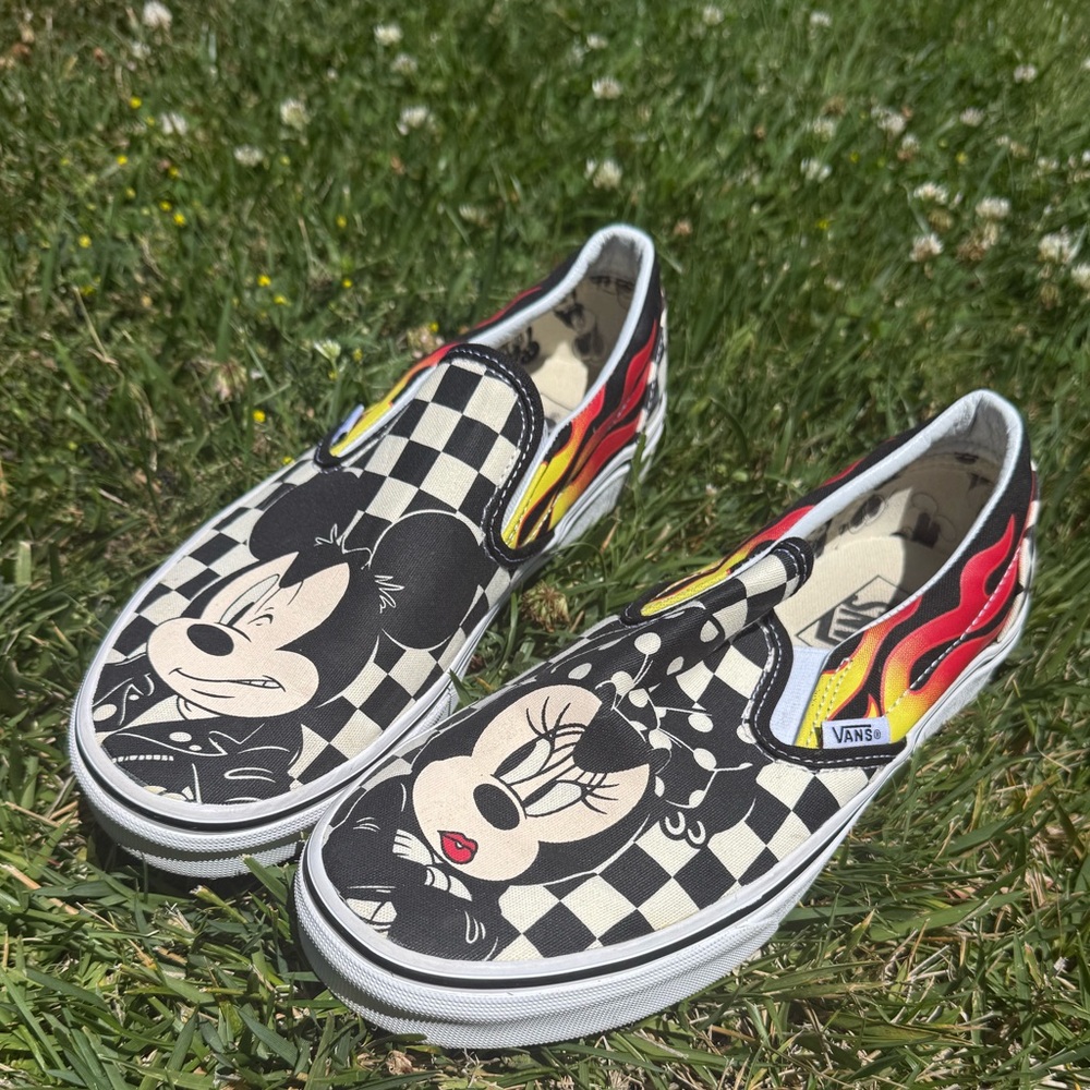 Vans Disney Checkered Slip-On Shoes with Flames